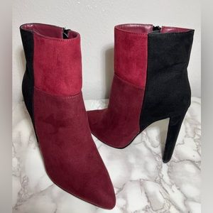 JustFab Heeled Ankle Faux Suede Bootie in Black/Red